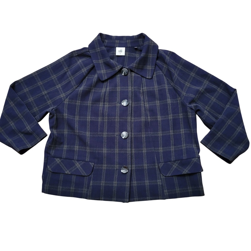 Cabi L Jacket Navy Blue Green‎ Plaid Button Front Boxy 3551 Academia Preppy Twee